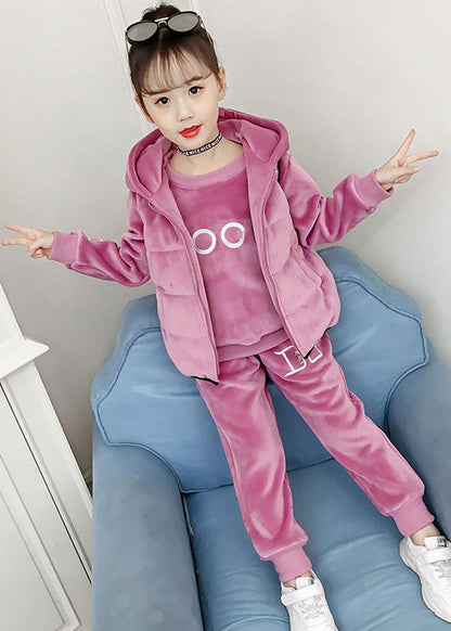 Boutique Pink Embroideried Tops And Pants Velour Girls Two Pieces Set Winter Ada Fashion