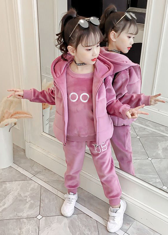 Boutique Pink Embroideried Tops And Pants Velour Girls Two Pieces Set Winter Ada Fashion