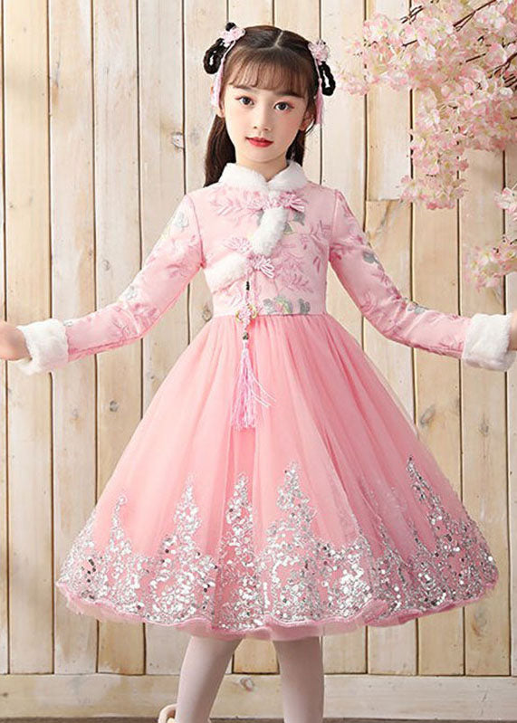 Boutique Pink Fur Collar Tulle Patchwork Warm Fleece Girls Maxi Dresses Winter Ada Fashion