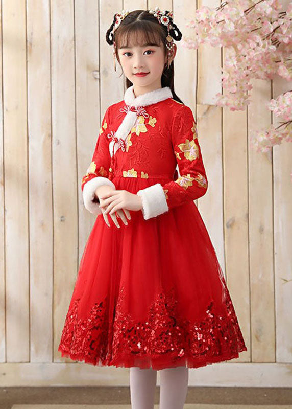 Boutique Pink Fur Collar Tulle Patchwork Warm Fleece Girls Maxi Dresses Winter Ada Fashion