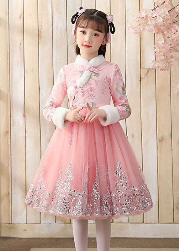 Boutique Pink Fur Collar Tulle Patchwork Warm Fleece Girls Maxi Dresses Winter Ada Fashion