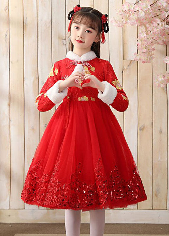 Boutique Pink Fur Collar Tulle Patchwork Warm Fleece Girls Maxi Dresses Winter Ada Fashion