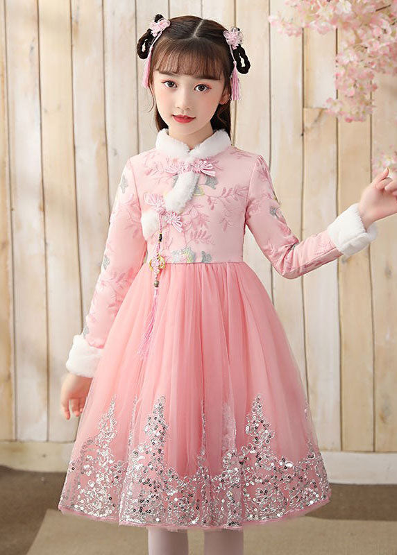 Boutique Pink Fur Collar Tulle Patchwork Warm Fleece Girls Maxi Dresses Winter Ada Fashion