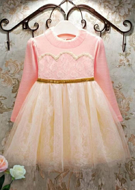 Boutique Pink O-Neck Ruffled Patchwork Tulle Kids Maxi Dresses Fall Ada Fashion