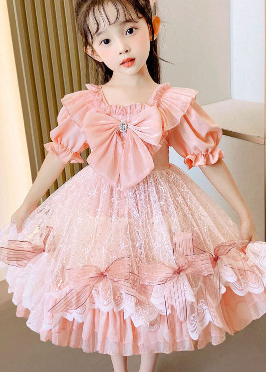 Boutique Pink Ruffled Bow Patchwork Tulle Kids Girls Dress Summer LY6472 Ada Fashion