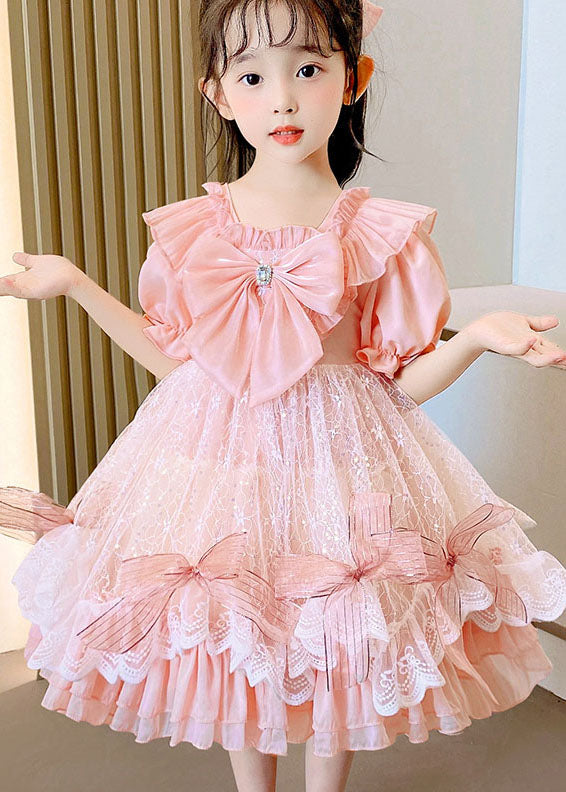 Boutique Pink Ruffled Bow Patchwork Tulle Kids Girls Dress Summer LY6472 Ada Fashion