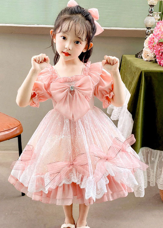 Boutique Pink Ruffled Bow Patchwork Tulle Kids Girls Dress Summer LY6472 Ada Fashion