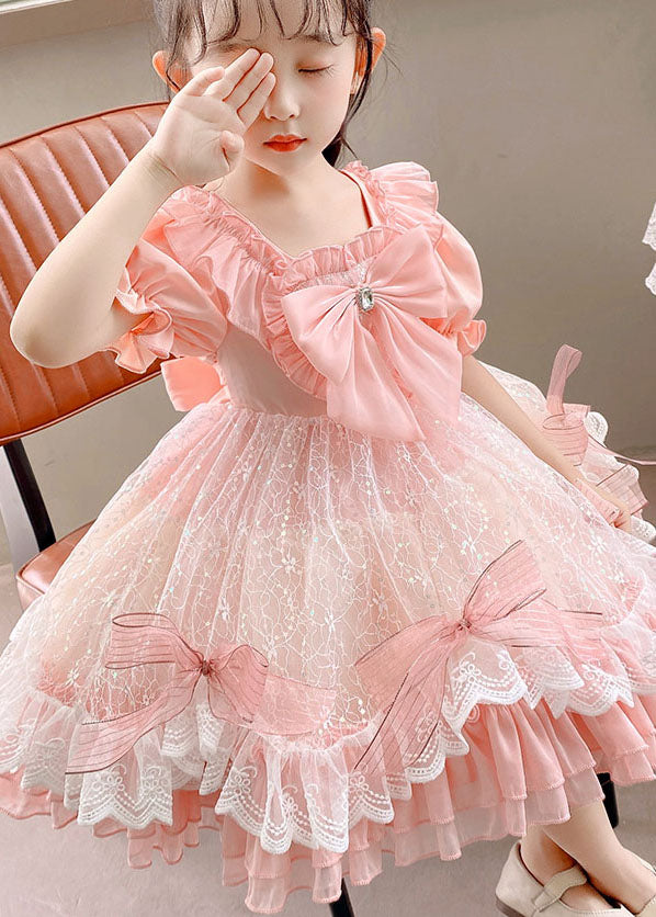 Boutique Pink Ruffled Bow Patchwork Tulle Kids Girls Dress Summer LY6472 Ada Fashion