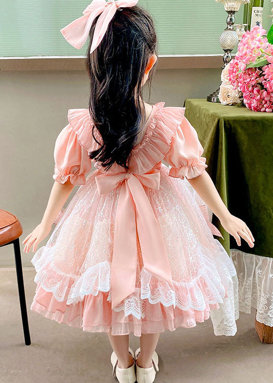 Boutique Pink Ruffled Bow Patchwork Tulle Kids Girls Dress Summer LY6472 Ada Fashion