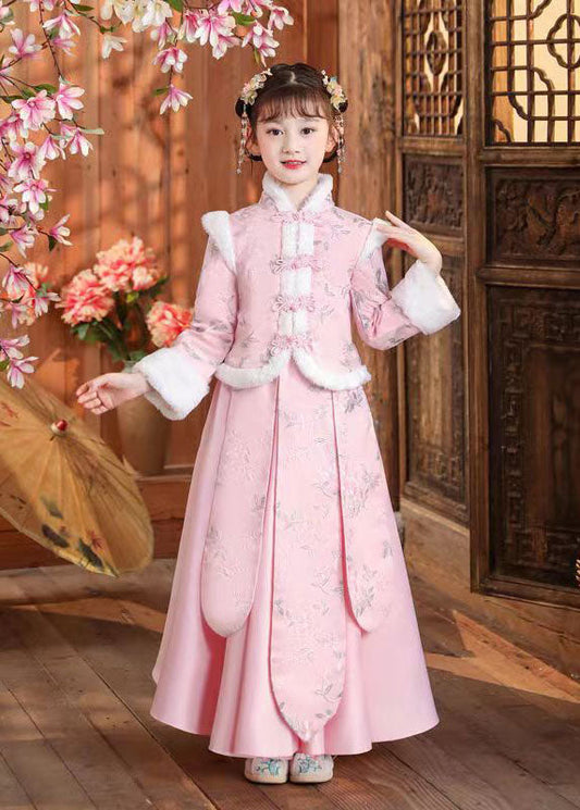 Boutique Pink Stand Collar Print Button Girls Thick Coats And Skirts Two Pieces Set Winter Ada Fashion