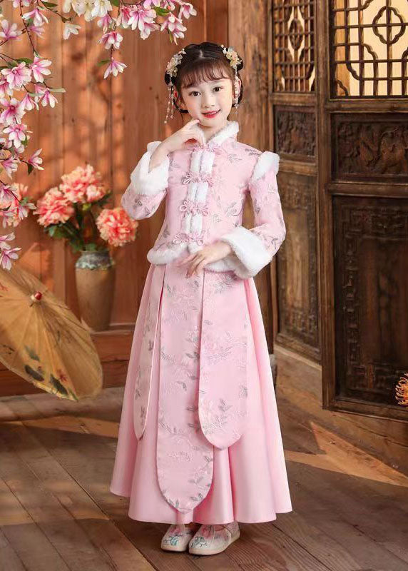 Boutique Pink Stand Collar Print Button Girls Thick Coats And Skirts Two Pieces Set Winter Ada Fashion