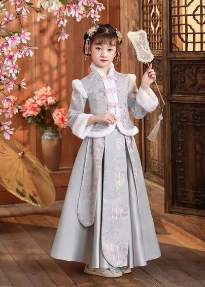 Boutique Pink Stand Collar Print Button Girls Thick Coats And Skirts Two Pieces Set Winter Ada Fashion