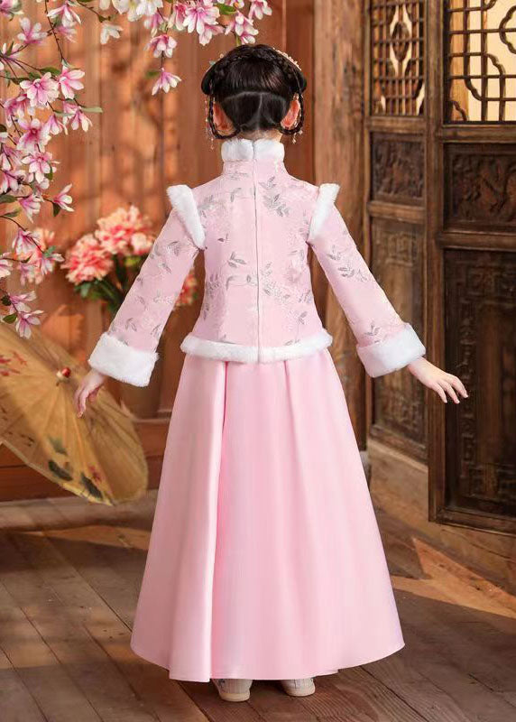 Boutique Pink Stand Collar Print Button Girls Thick Coats And Skirts Two Pieces Set Winter Ada Fashion