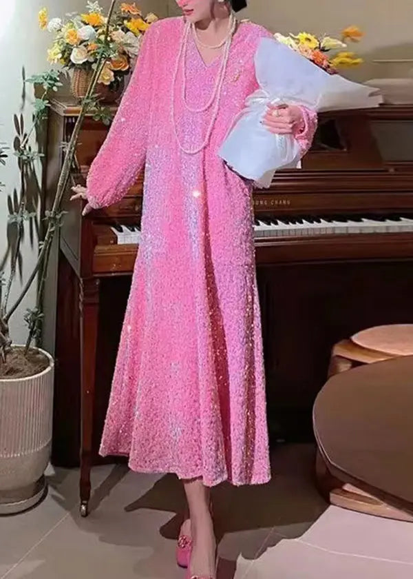 Boutique Pink V Neck Sequins Patchwork Velour Dresses Puff Sleeve Ada Fashion
