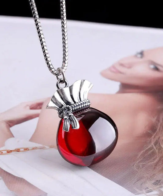 Boutique Pomegranate Red Sterling Silver Chalcedony Money Bag Pendant Necklace Ada Fashion