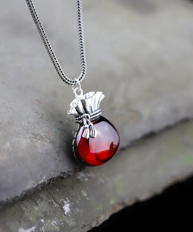 Boutique Pomegranate Red Sterling Silver Chalcedony Money Bag Pendant Necklace Ada Fashion