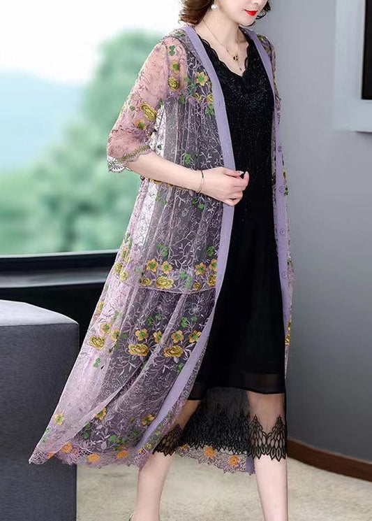 Boutique Purple Hooded Embroideried Patchwork Tulle Cardigans Summer Ada Fashion