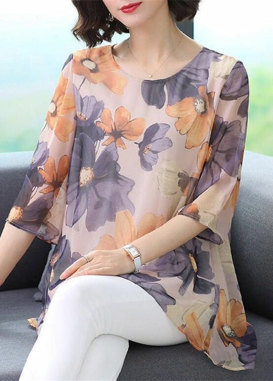 Boutique Purple O Neck Print Patchwork Chiffon T Shirt Top Summer LY6977 Ada Fashion