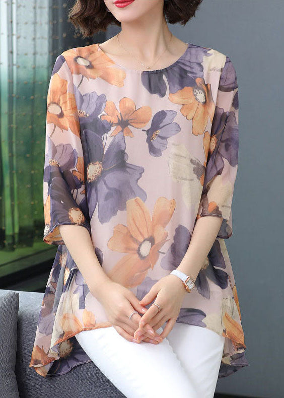 Boutique Purple O Neck Print Patchwork Chiffon T Shirt Top Summer TP1035 - fabuloryshop