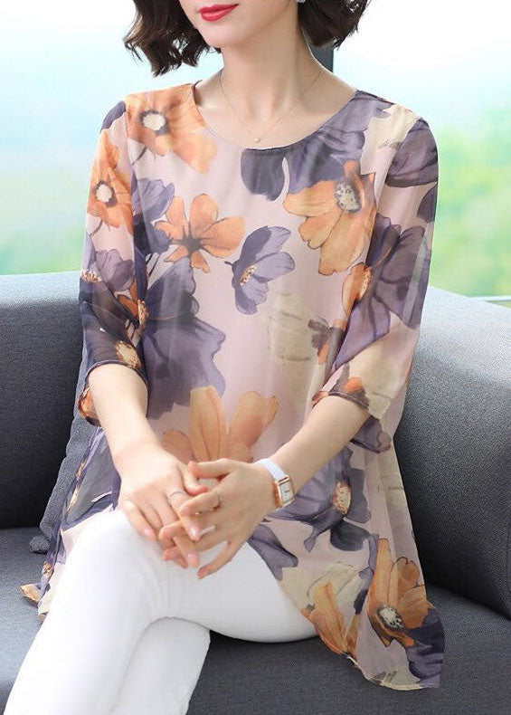 Boutique Purple O Neck Print Patchwork Chiffon T Shirt Top Summer TP1035 - fabuloryshop