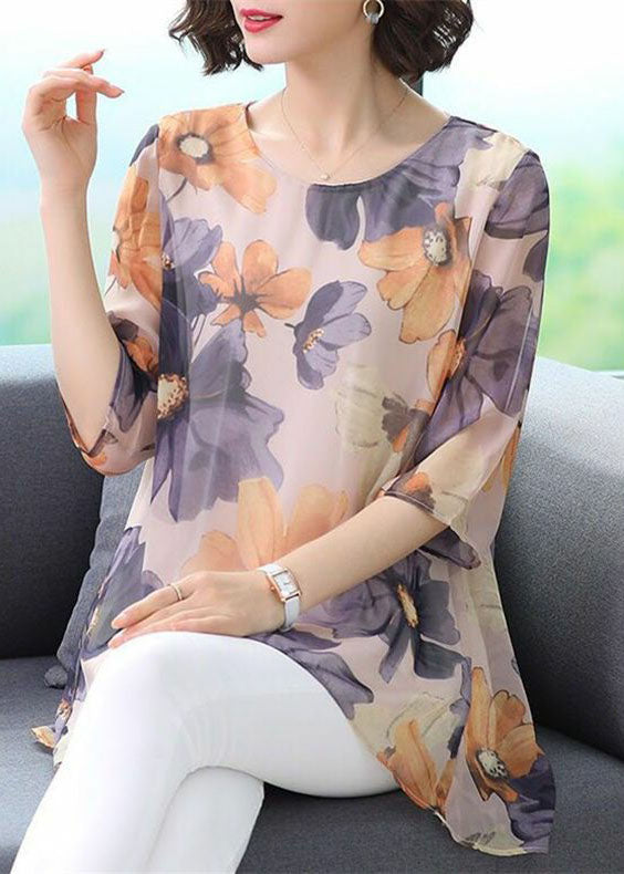 Boutique Purple O Neck Print Patchwork Chiffon T Shirt Top Summer TP1035 - fabuloryshop