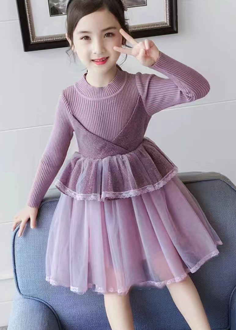 Boutique Purple O Neck Tulle Patchwork Knit Baby Girls Dress Fall Ada Fashion