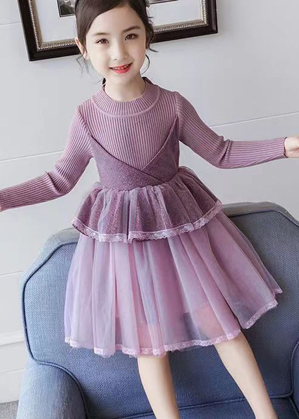Boutique Purple O Neck Tulle Patchwork Knit Baby Girls Dress Fall Ada Fashion