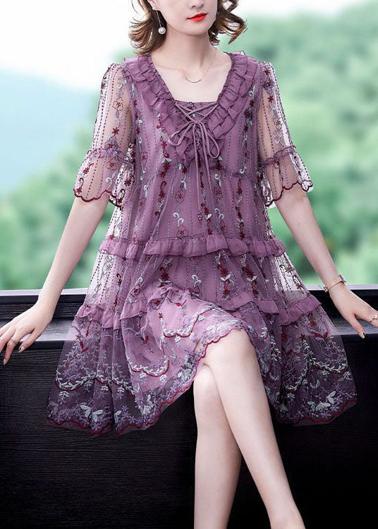 Boutique Purple Ruffles Print Hollow Out Tulle A Line Dresses Summer TH1028 - fabuloryshop