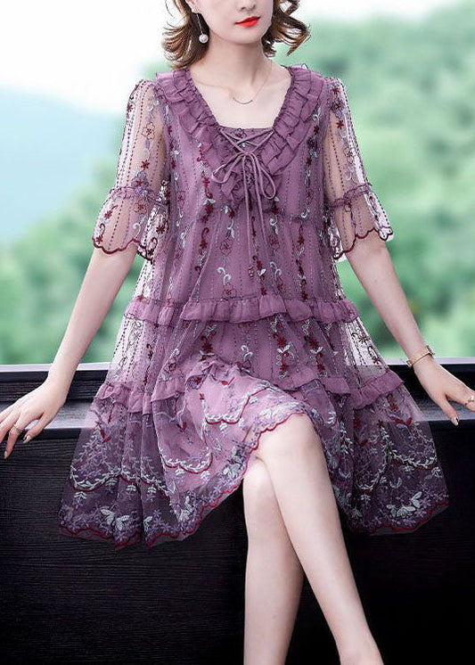 Boutique Purple Ruffles Print Hollow Out Tulle A Line Dresses Summer TH1028 - fabuloryshop