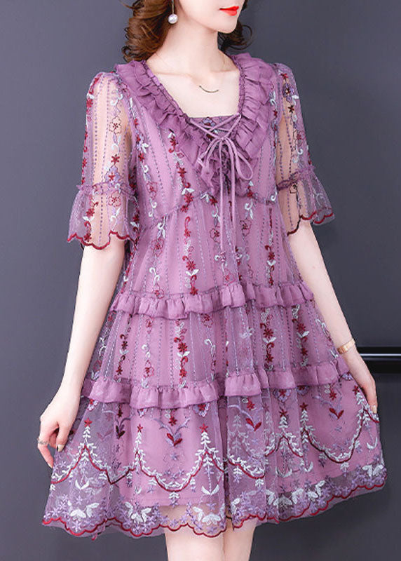 Boutique Purple Ruffles Print Hollow Out Tulle A Line Dresses Summer TH1028 - fabuloryshop