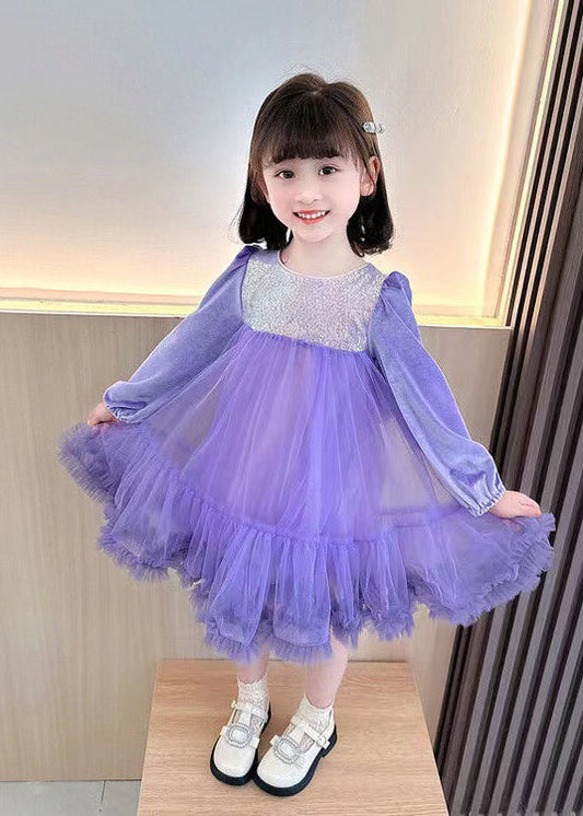 Boutique Purple Sequins Ruffled Patchwork Tulle Kids Girls Robe Dresses Fall Ada Fashion