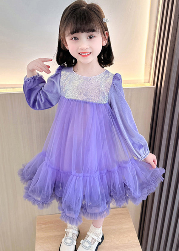 Boutique Purple Sequins Ruffled Patchwork Tulle Kids Girls Robe Dresses Fall Ada Fashion