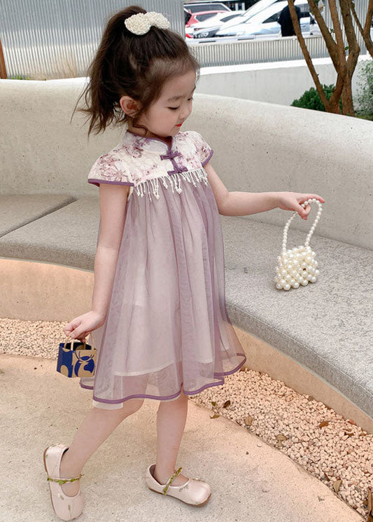 Boutique Purple Tasseled Bow Patchwork Tulle Kids Girls Dress Summer LY6536 - fabuloryshop