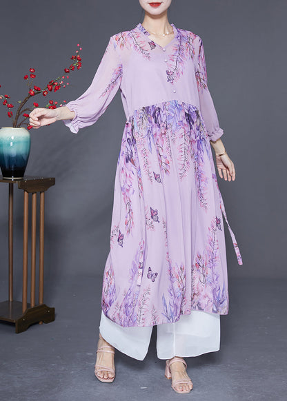 Boutique Purple V Neck Ruffled Tie Waist Chiffon Vacation Dresses Summer LY2881 - fabuloryshop