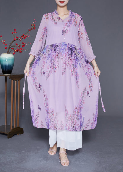 Boutique Purple V Neck Ruffled Tie Waist Chiffon Vacation Dresses Summer LY2881 - fabuloryshop