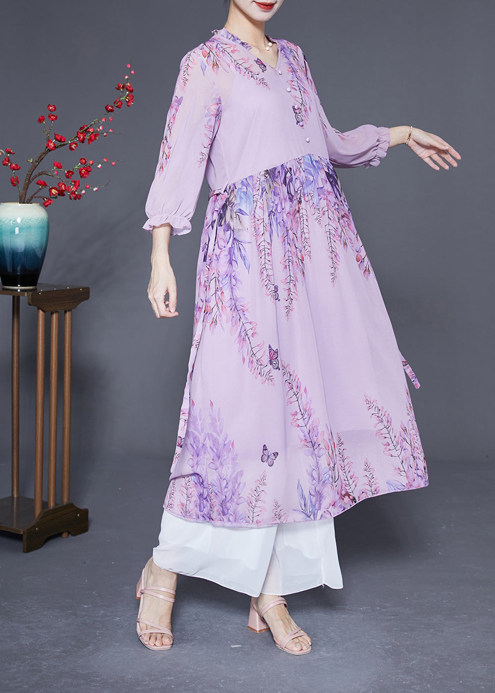 Boutique Purple V Neck Ruffled Tie Waist Chiffon Vacation Dresses Summer LY2881 - fabuloryshop