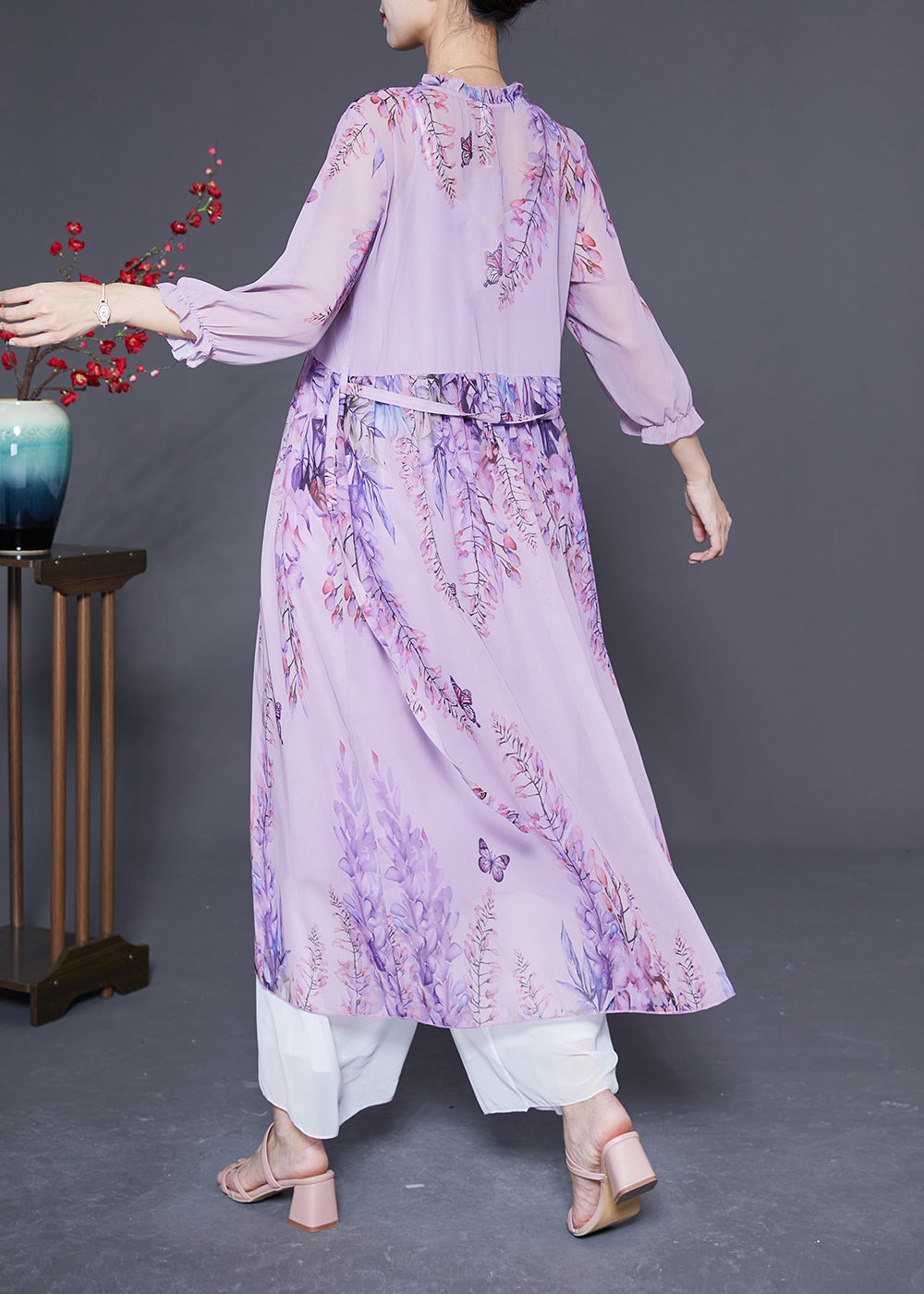 Boutique Purple V Neck Ruffled Tie Waist Chiffon Vacation Dresses Summer LY2881 - fabuloryshop