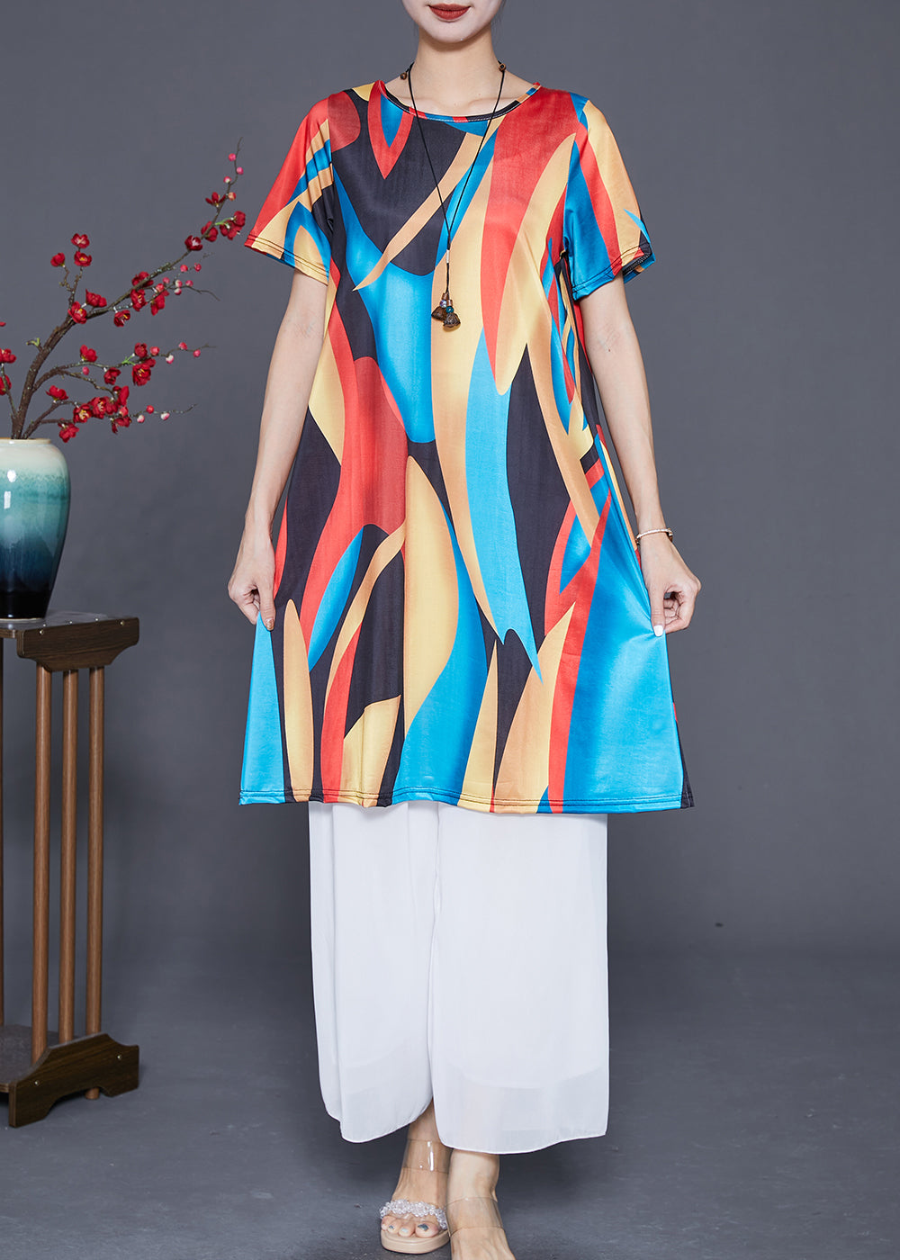 Boutique Red Blue Oversized Print Ice Silk Mini Dress Summer Ada Fashion
