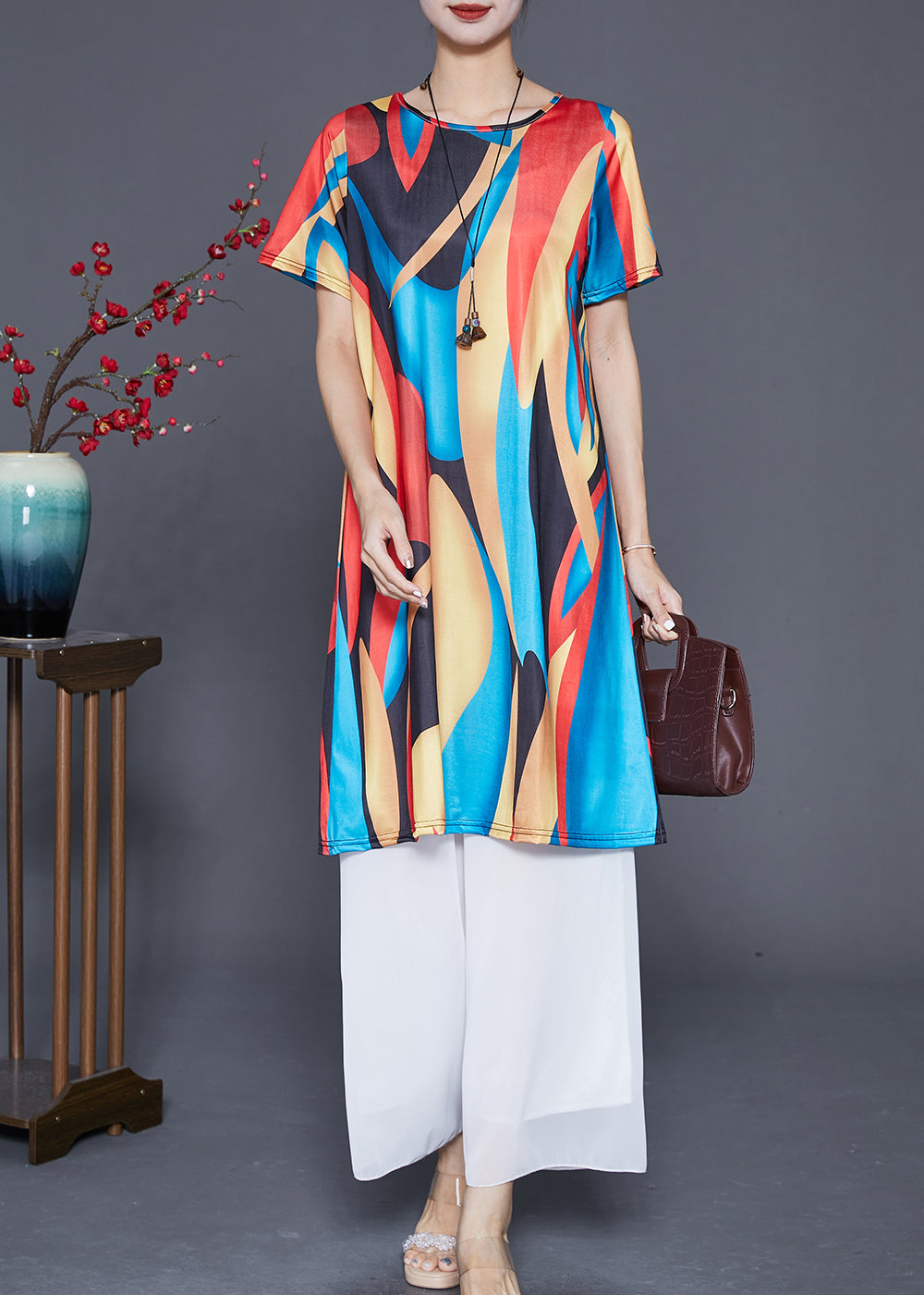Boutique Red Blue Oversized Print Ice Silk Mini Dress Summer Ada Fashion