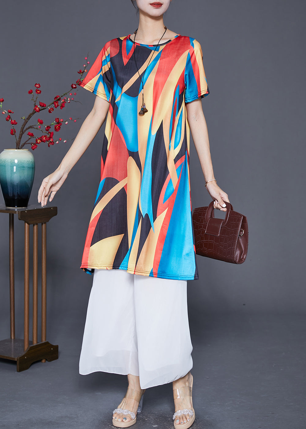 Boutique Red Blue Oversized Print Ice Silk Mini Dress Summer Ada Fashion