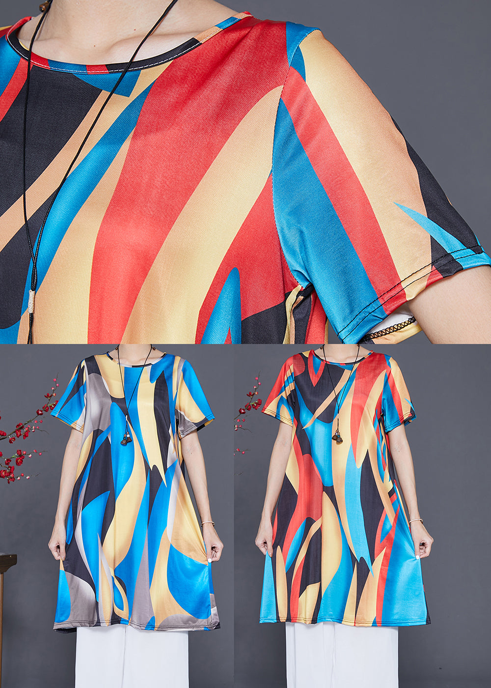 Boutique Red Blue Oversized Print Ice Silk Mini Dress Summer Ada Fashion