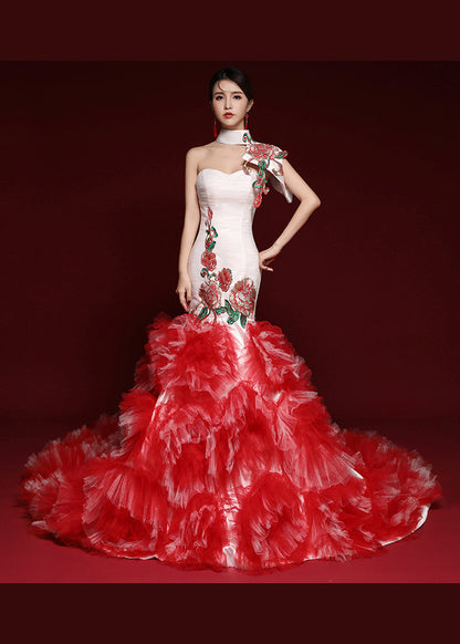 Boutique Red Embroideried Ruffled Tulle Bustier Dresses Sleeveless Ada Fashion