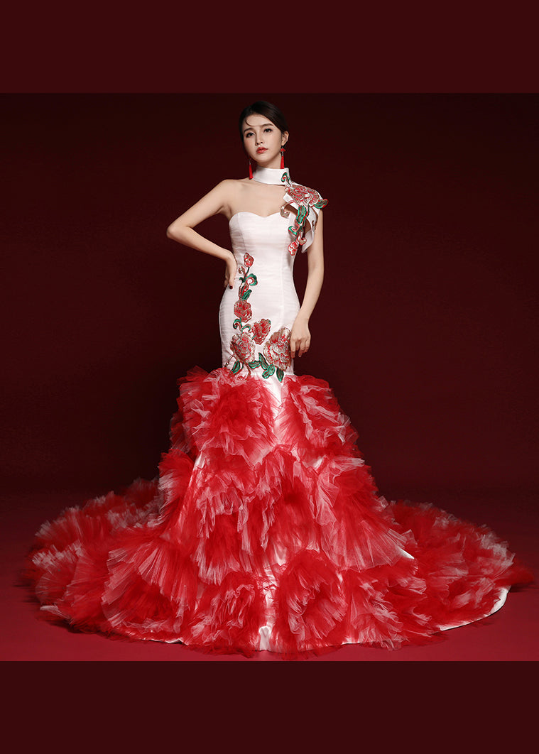 Boutique Red Embroideried Ruffled Tulle Bustier Dresses Sleeveless Ada Fashion