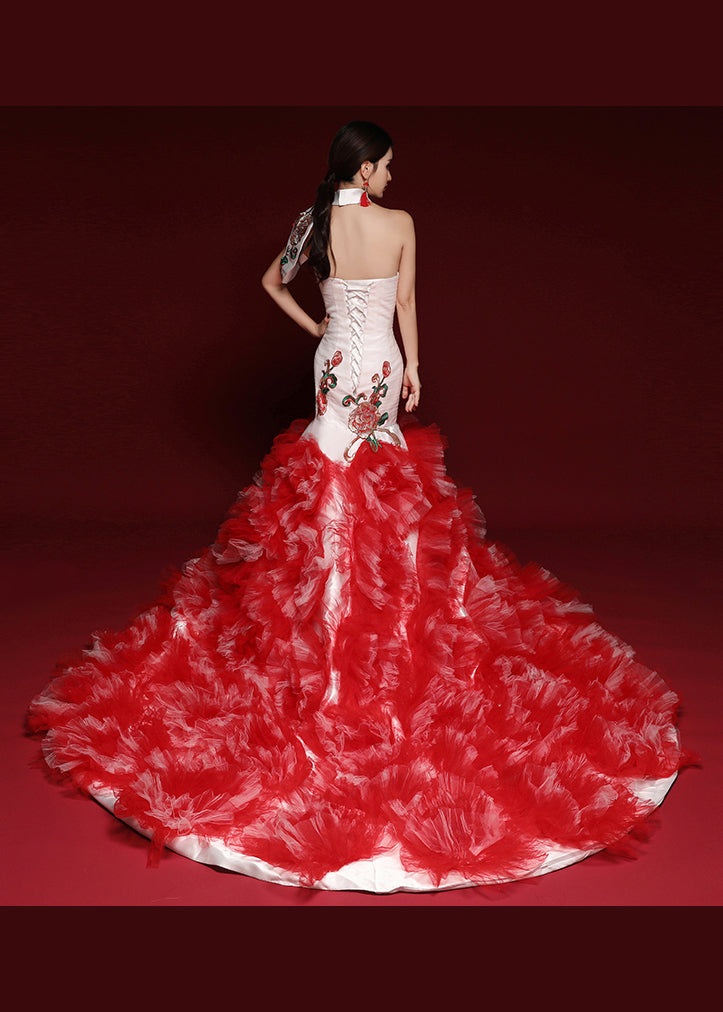 Boutique Red Embroideried Ruffled Tulle Bustier Dresses Sleeveless Ada Fashion