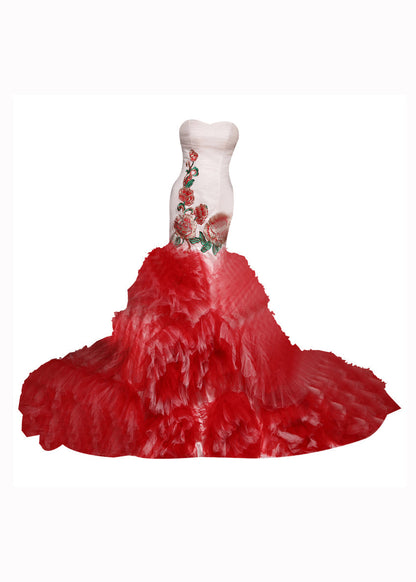 Boutique Red Embroideried Ruffled Tulle Bustier Dresses Sleeveless Ada Fashion