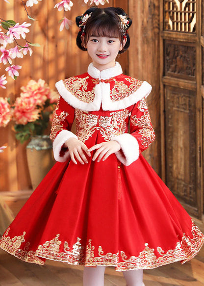 Boutique Red Fur Collar Embroideried Girls Shawl And Dress Two Piece Set Winter Ada Fashion