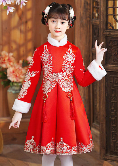 Boutique Red Fur Collar Embroideried Girls Shawl And Dress Two Piece Set Winter Ada Fashion