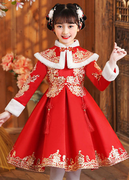 Boutique Red Fur Collar Embroideried Girls Shawl And Dress Two Piece Set Winter Ada Fashion