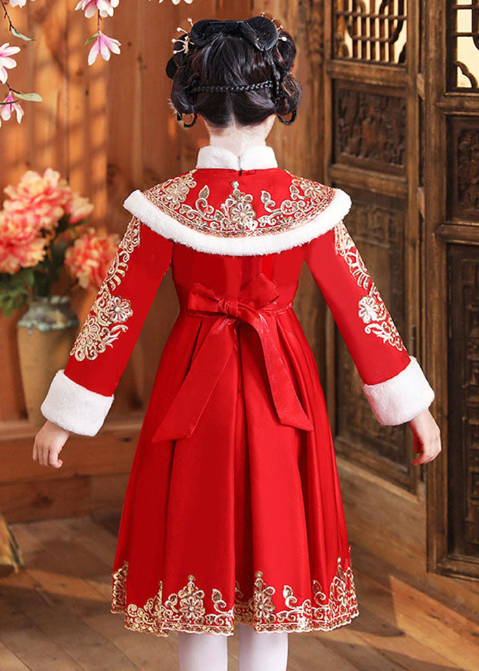 Boutique Red Fur Collar Embroideried Girls Shawl And Dress Two Piece Set Winter Ada Fashion