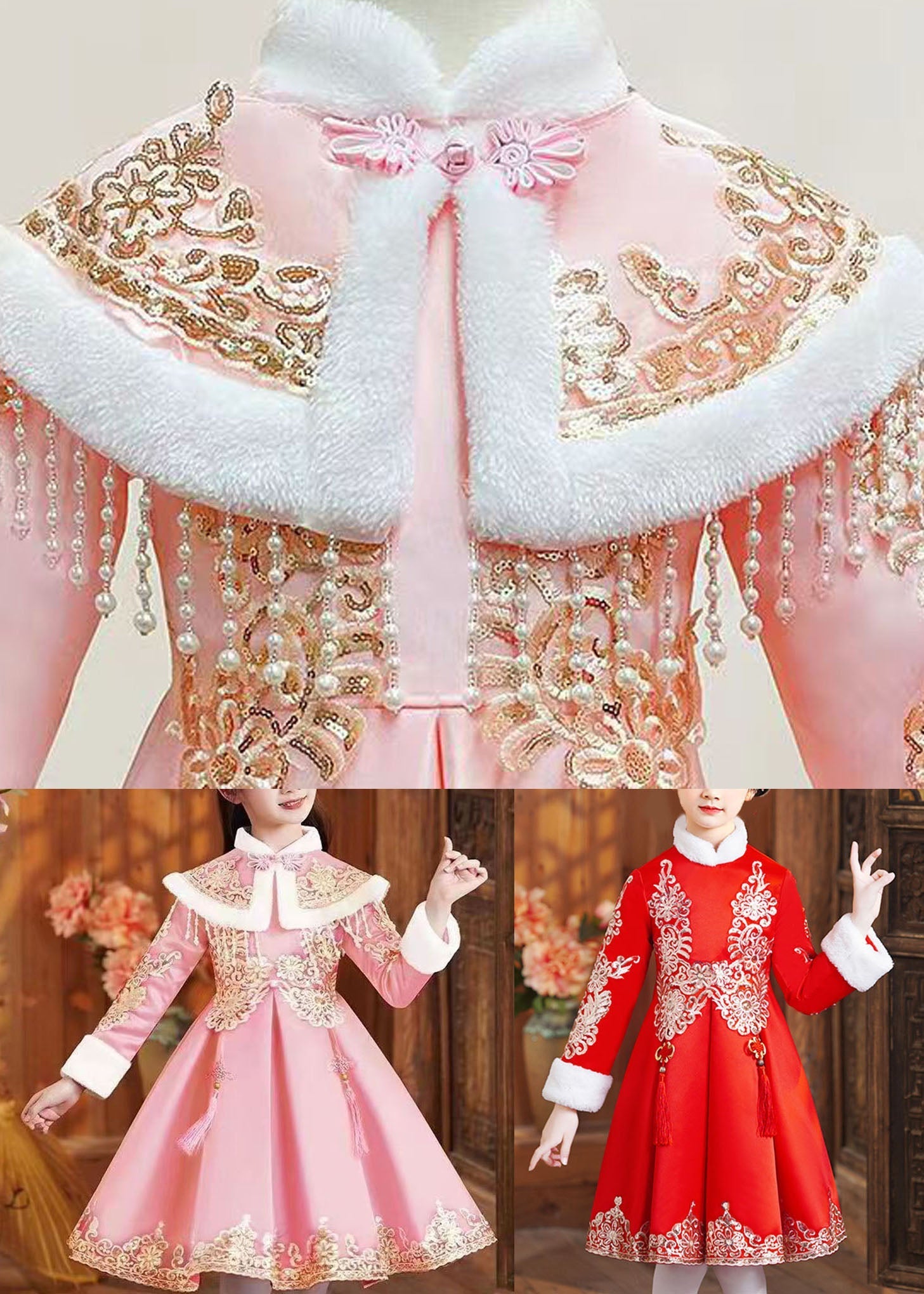 Boutique Red Fur Collar Embroideried Girls Shawl And Dress Two Piece Set Winter Ada Fashion